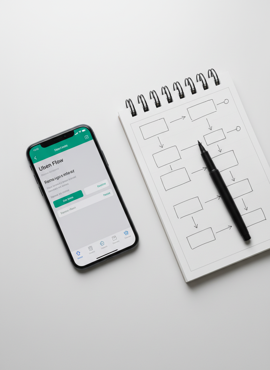 A close-up of a polished smartphone lying on a matte white surface, displaying a high-fidelity mobile app interface with crisp typography, clear navigation, and vivid accent colors on a neutral background. Next to the phone, an open notebook shows sketched user flows and boxes connected by thin arrows, with a fine black pen resting diagonally across the page. Diffused overcast light from above creates soft, even illumination and minimal shadows, emphasizing clarity and precision. Photographic realism with a clean, modern composition using the rule of thirds, leaving negative space around the phone for a calm, professional atmosphere. The mood is intentional, organized, and detail-oriented, perfectly suited for showcasing mobile UX work.