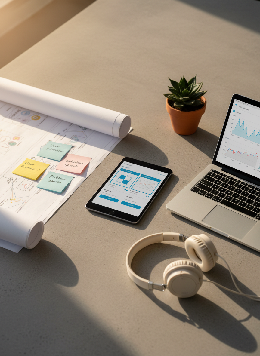 An array of UX design artifacts neatly arranged on a smooth concrete tabletop: printed user journey maps, sticky notes color-coded with short phrases, a tablet showing an interactive prototype, and a slim laptop displaying an analytics dashboard with simple chart lines. A pair of lightweight over-ear headphones rests beside a small potted plant with dark green leaves, adding a touch of organic texture. Warm afternoon sunlight spills in from the left, casting elongated but soft shadows and subtle reflections on glossy paper edges. Photographic, documentary-style realism shot from a slightly elevated angle, capturing sharp detail throughout. The mood is analytical yet creative, highlighting the full UX process from research to prototyping in a professional, composed setting.