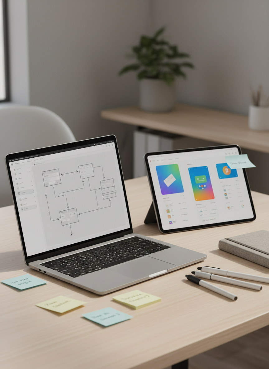 A sleek laptop open to a detailed UX wireframe in grayscale, resting on a clean, light-wood desk beside a tablet showing a colorful mobile app prototype. Subtle paper sticky notes with neat arrows and labels are scattered nearby, along with fine-tip pens and a closed sketchbook. Soft daylight from an unseen window washes across the workspace, creating gentle, natural highlights on the device screens and faint shadows under objects. Photographic realism with a professional, minimalist aesthetic, shot at an eye-level angle with a shallow depth of field so the main screens are in crisp focus while the background fades into a soft blur. The overall mood is focused, modern, and quietly creative, ideal for a UX design portfolio hero image.